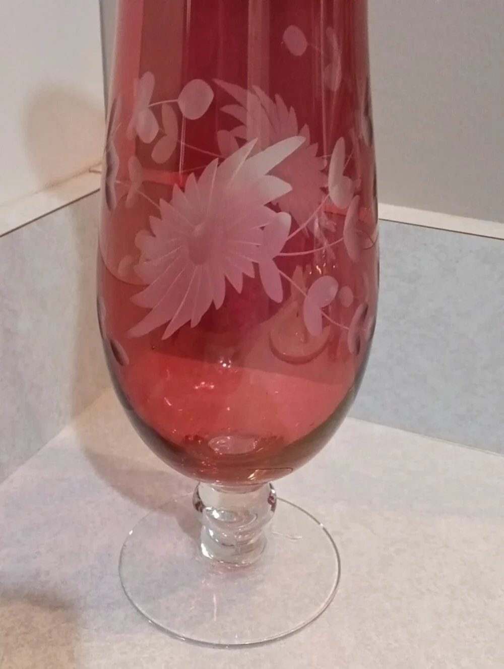Ruby Red Etched Glass Decorative Vase with Floral Motif